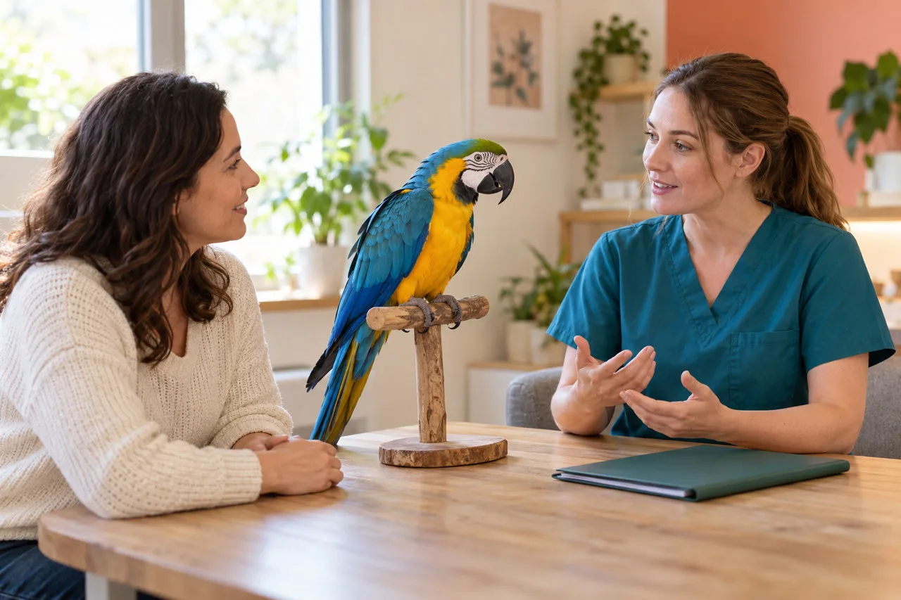 Owner and veterinary professional beside a blue-and-gold macaw on a perch