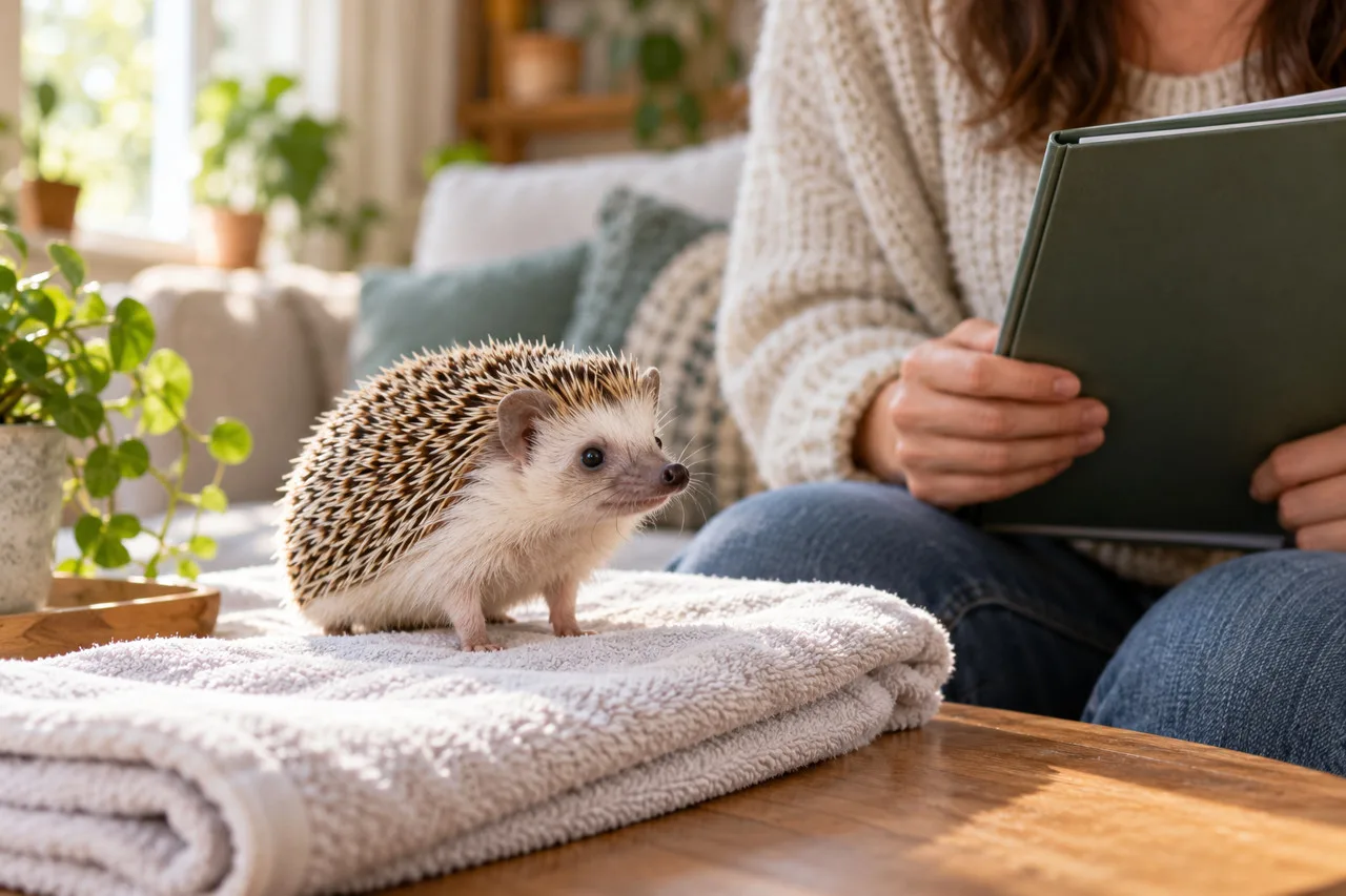 Hedgehog on a folded towel beside an owner holding a folder